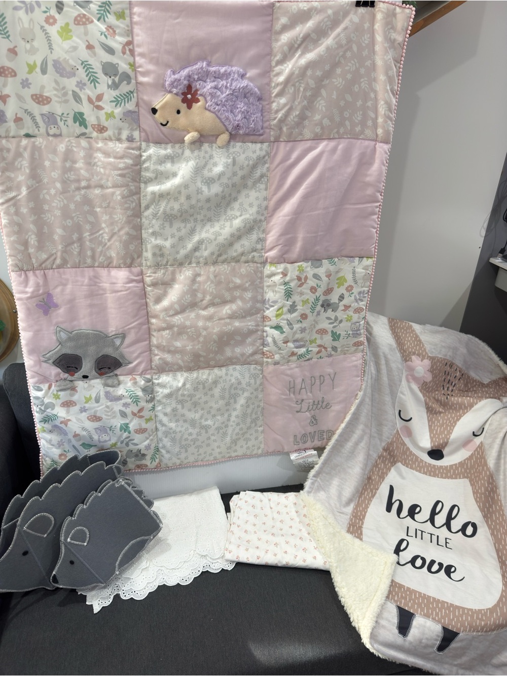 Pink Woodland Baby bedding w Blanket - Hedgehog & Fox Patchwork